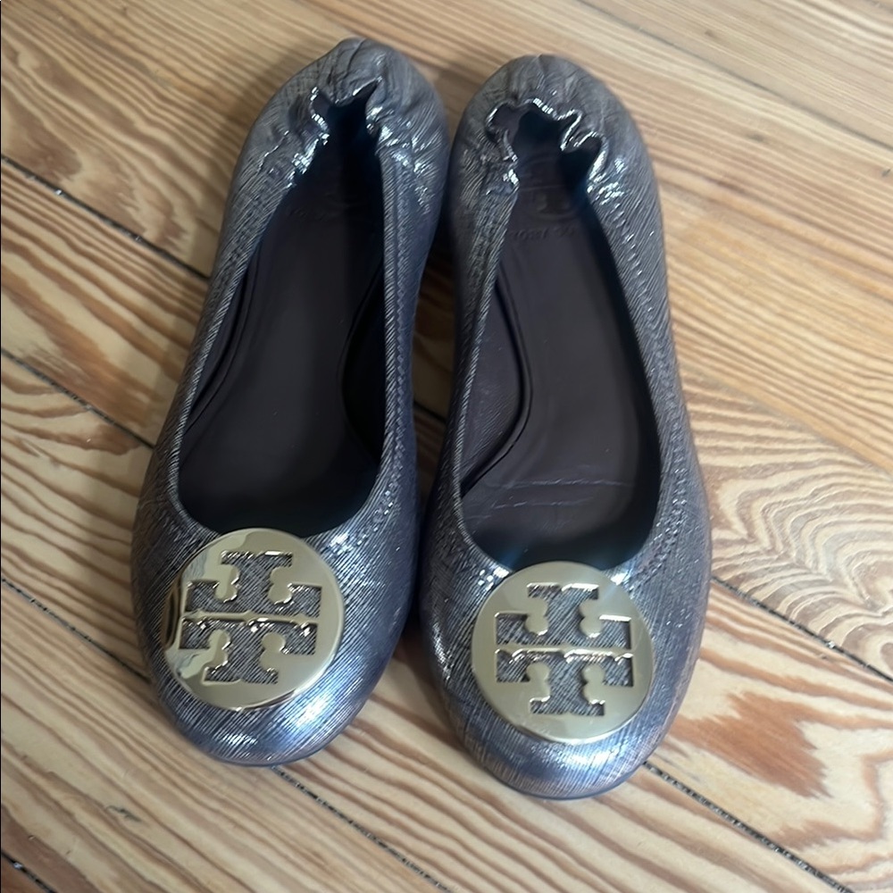 Tory Burch Silver Flats with Logo Medallion